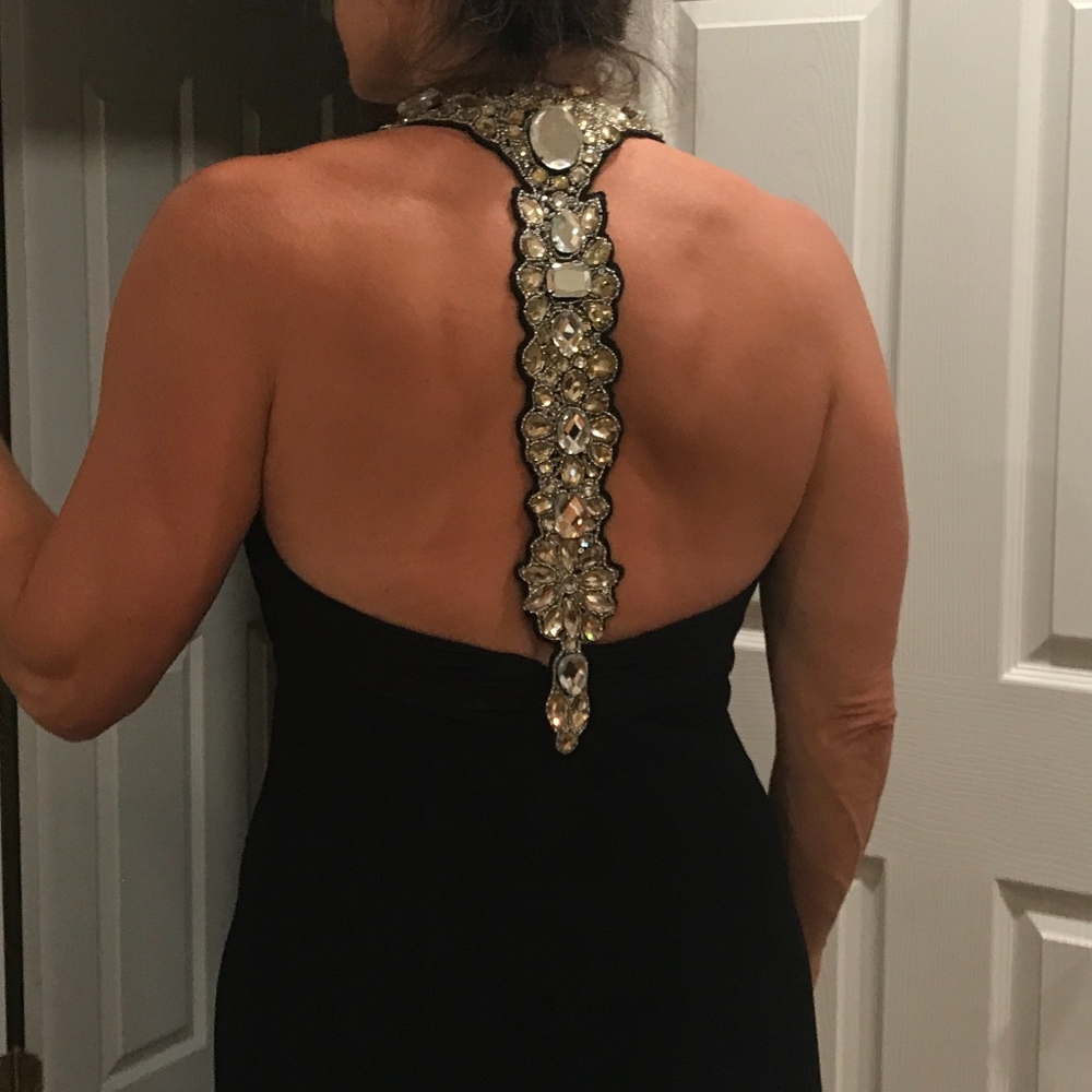 Theia Black Jeweled Backless Halter Gown